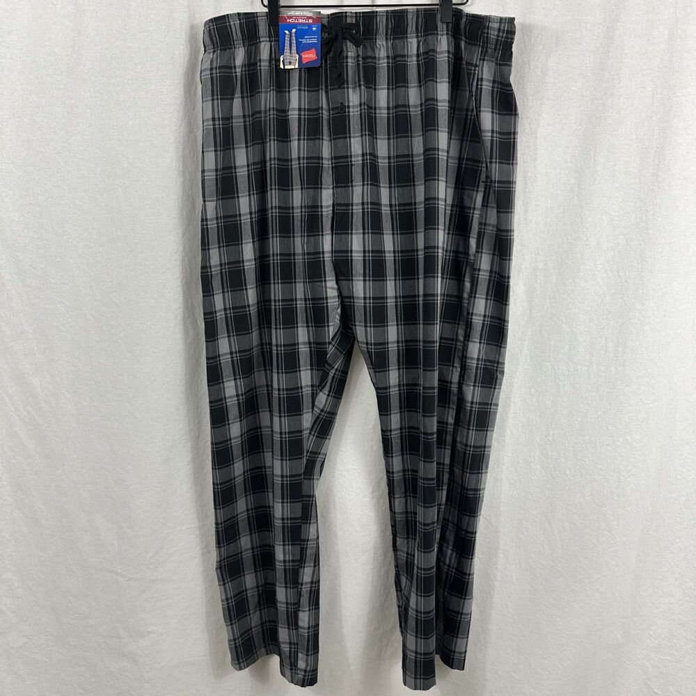 Hanes Black Gray Plaid Woven Stretch Sleep Pant Mens Size 2XL Elastic Comfort
